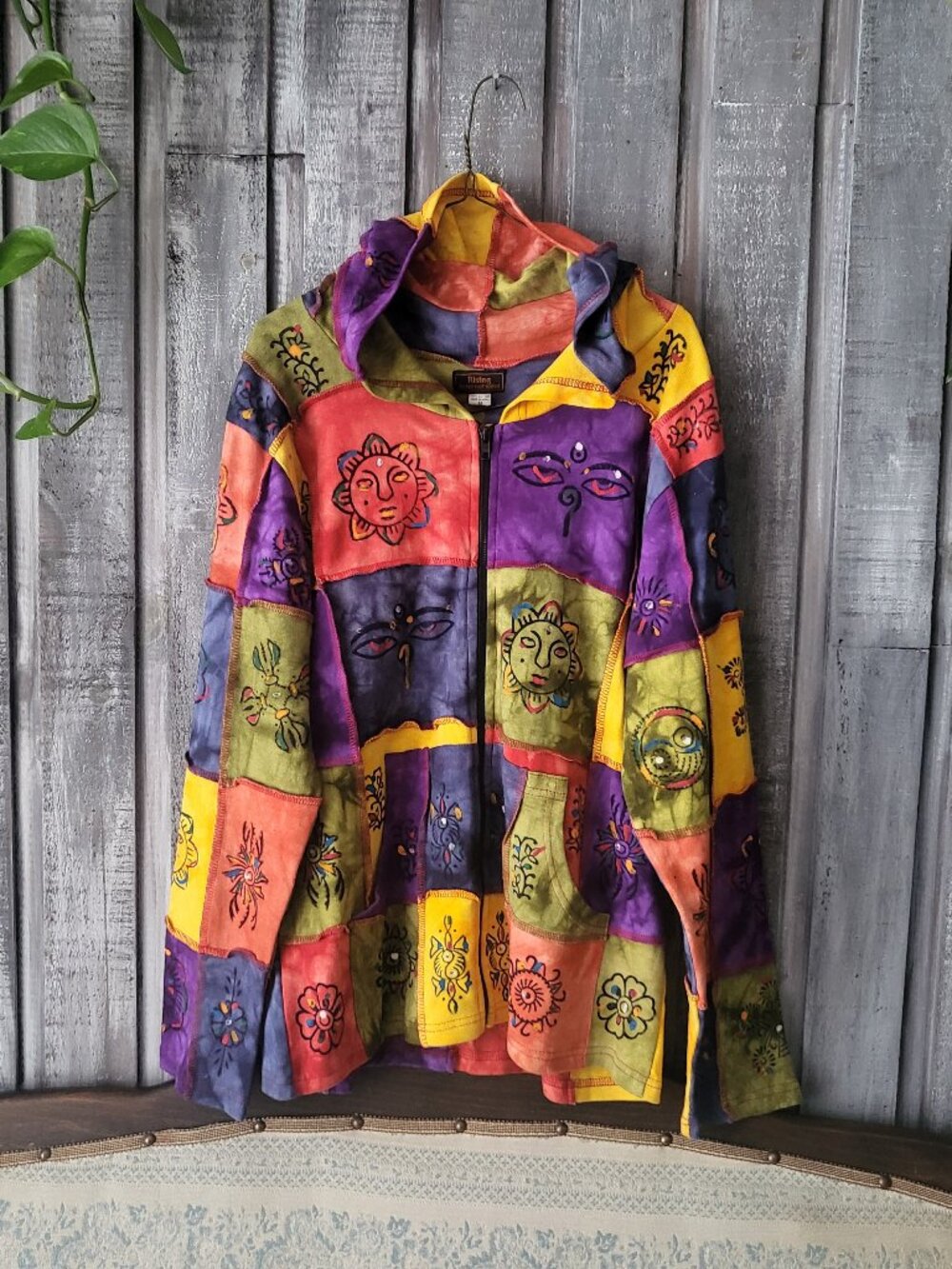 Rising International Patchwork Boho Hoodie Jacket Cotton Celestial M NWOT
